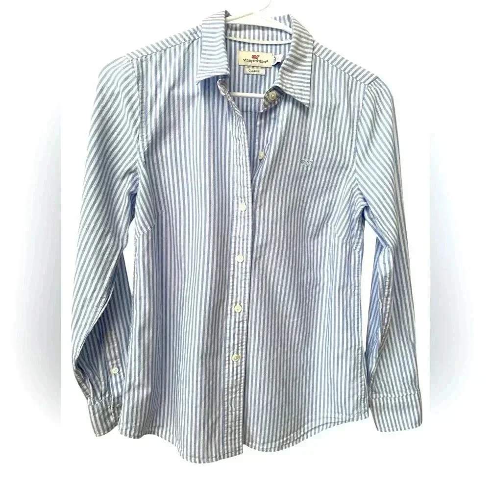 Vineyard Vines Stripe Button Down Shirt Women’s 0 Blue And White